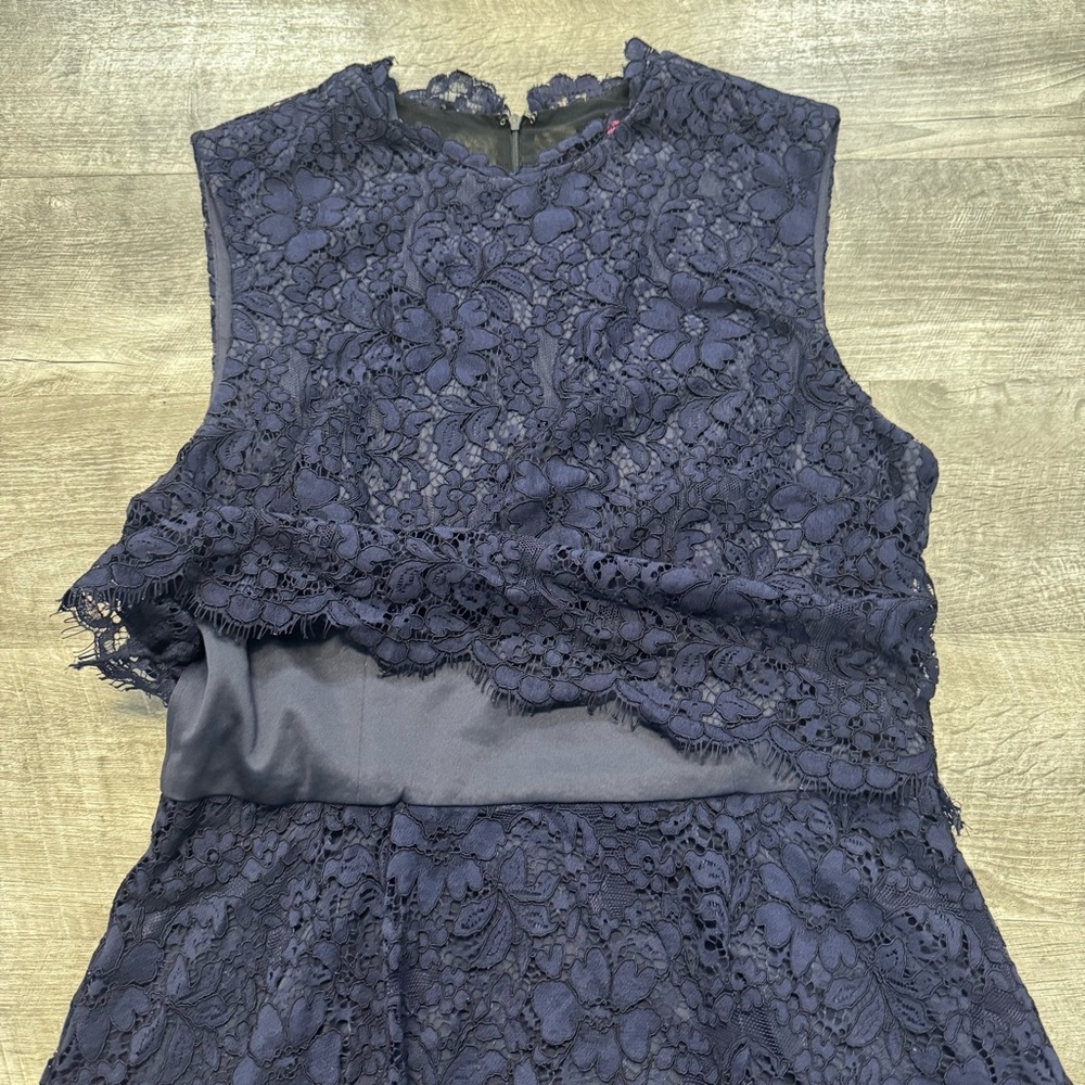 Betsy Johnson Navy Blue Lace Knee Length Dress Sz. 14 Small Mesh Back Lined - Picture 5 of 8